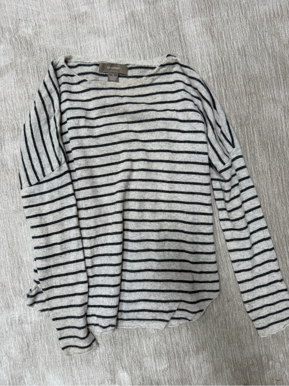 Ply Cashmere 100% Cashmere Navy & Grey Striped Crewneck Sweater - Picture 2 of 4